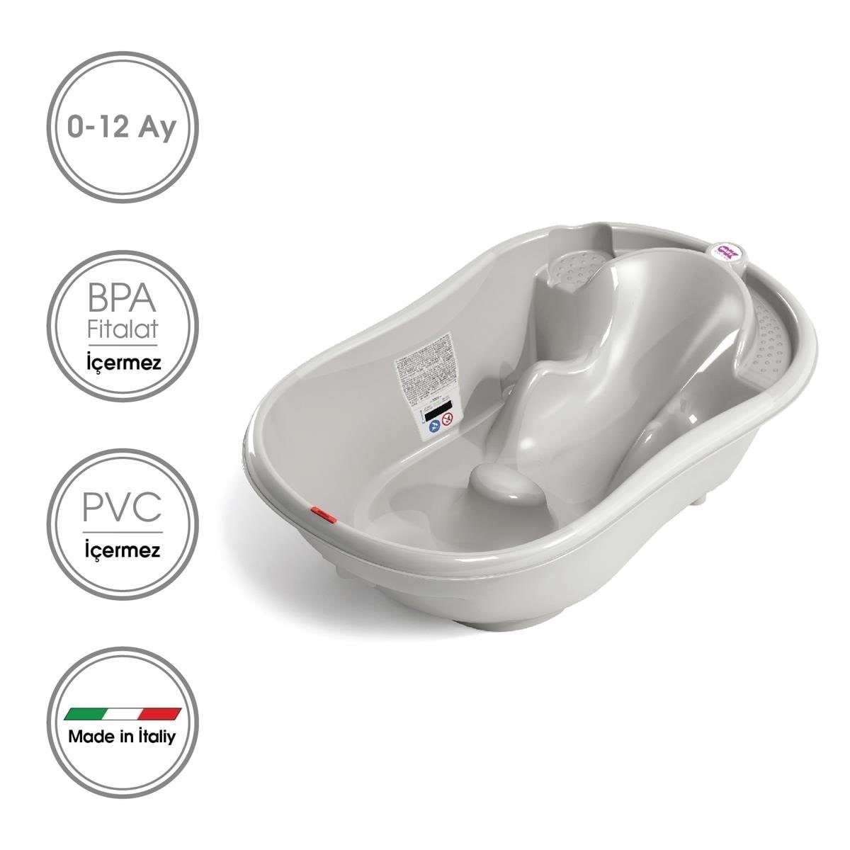 OKBaby Bebek Banyo Seti Onda Dijital Termometreli Çift Yönlü Küvet + Küvet Taşıyıcı + Hippo Duş Şapkası A.Gri