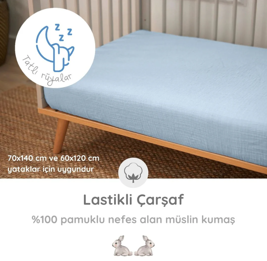 Deux Lapins Müslin Çarşaf Mavi
