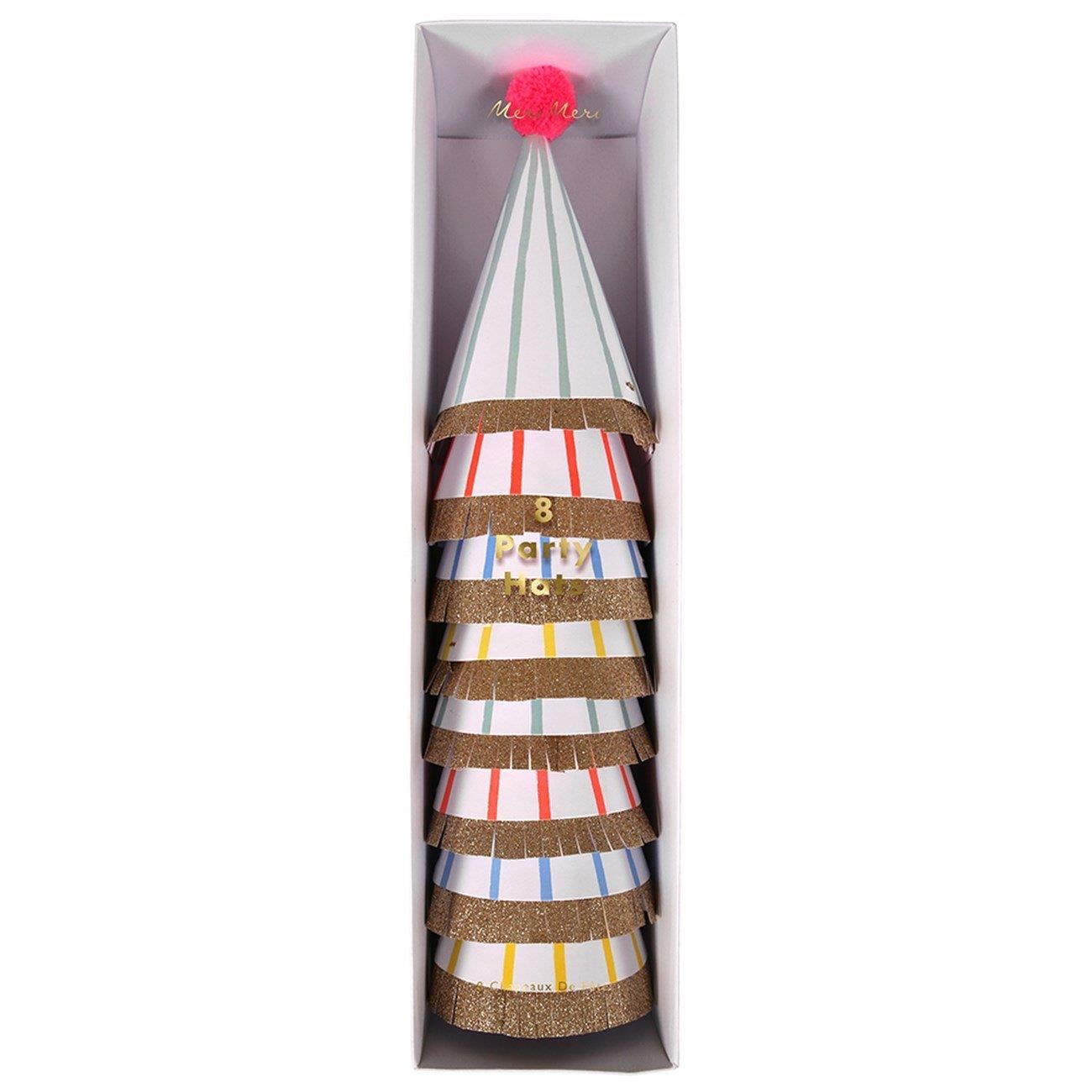 Meri Meri - Stripe & Pompom Party Hats - Çizgili & Ponponlu Parti Şapkaları - L