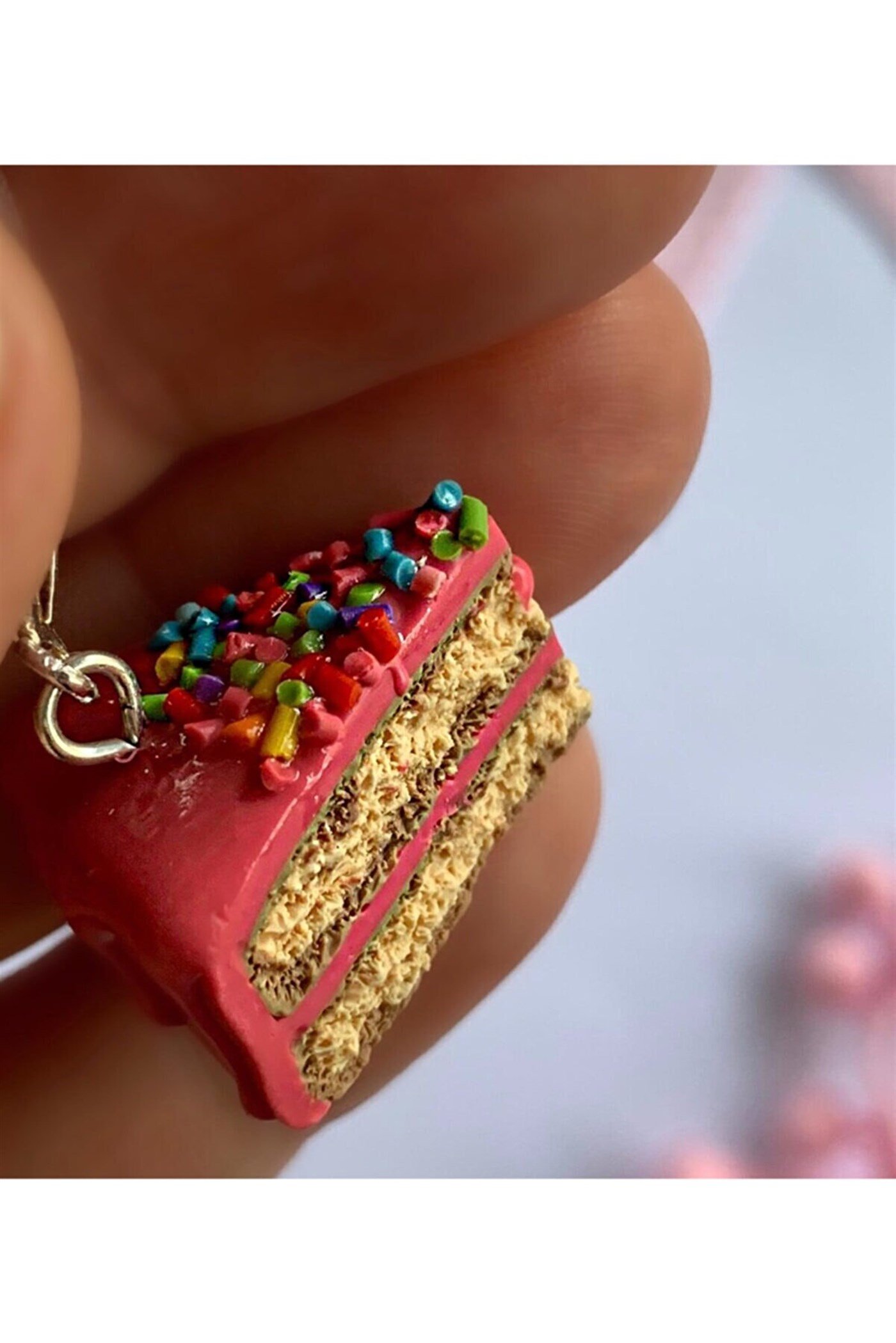 Pasta Dilimi Gümüş Kolye - Pembe