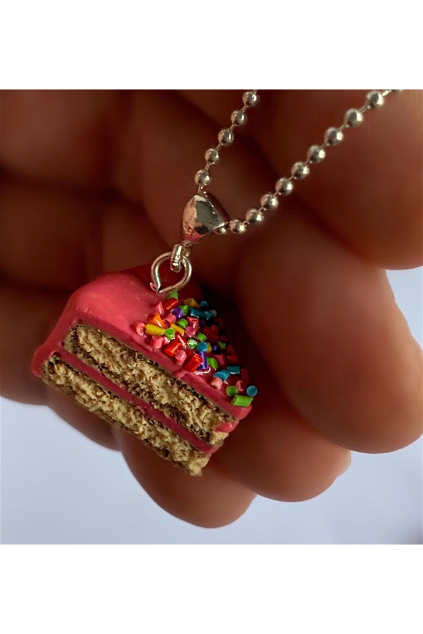 Pasta Dilimi Gümüş Kolye - Pembe