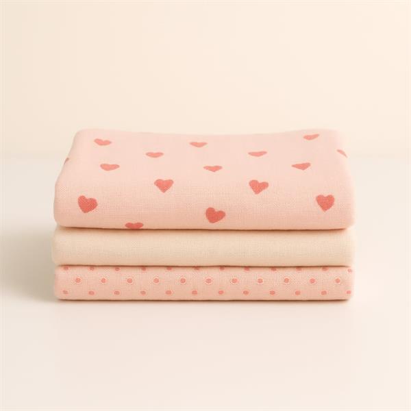 3lü Müslin Set - Pudra Kalp Takım