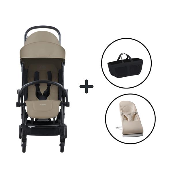 BabyBjörn Balance Soft Ana Kucağı Woven Jersey Tri-Fabric Light Beige & Bumprider Connect³ Bebek Arabası Black-Sand- Yan Düzenleyici Çanta