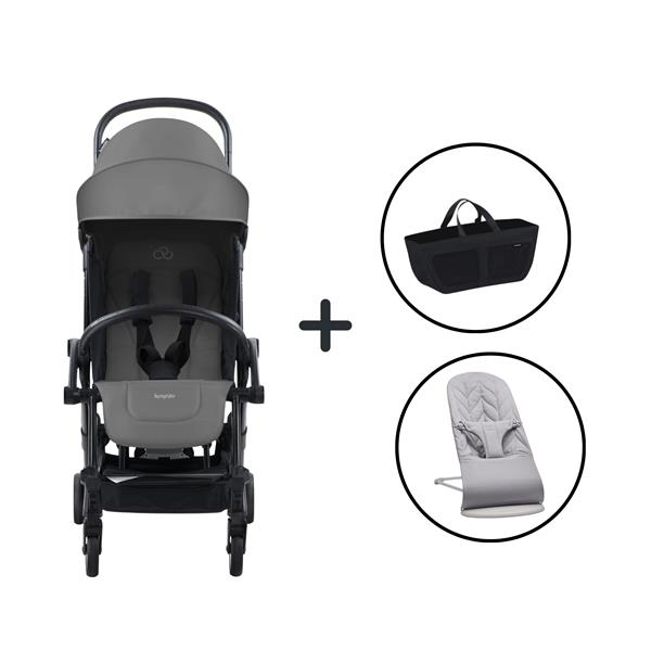 BabyBjörn Bliss Ana Kucağı Petal Woven Grey & Bumprider Connect³ Bebek Arabası Black-Grey & Yan Düzenleyici Çanta