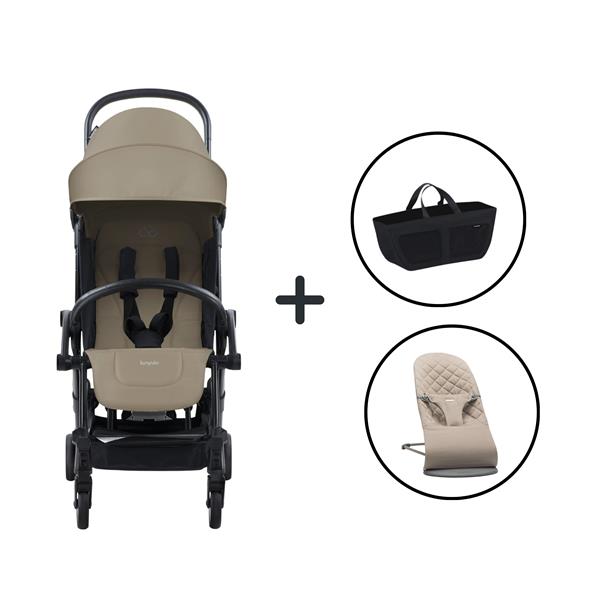 BabyBjörn Bliss Ana Kucağı Woven Sand Grey & Bumprider Connect³ Bebek Arabası Black-Sand - Yan Düzenleyici Çanta