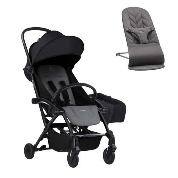 BabyBjörn Bliss Ana Kucağı Petal Woven Anthracite & Bumprider Connect³ Bebek Arabası Black-Grey Melange- Yan Düzenleyici Çanta