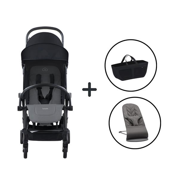 BabyBjörn Bliss Ana Kucağı Petal Woven Anthracite & Bumprider Connect³ Bebek Arabası Black-Grey Melange- Yan Düzenleyici Çanta