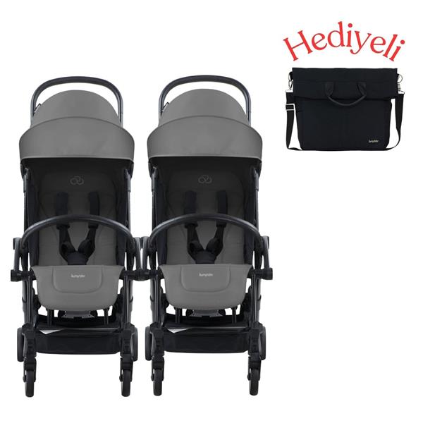 Bumprider Connect³ İkiz Bebek Arabası Black - Grey Melange & Yan Bakım Çantası Hediyeli