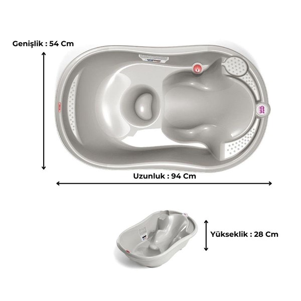 OKBaby Bebek Banyo Seti Onda Dijital Termometreli Çift Yönlü Küvet + Hippo Duş Şapkası A.Gri