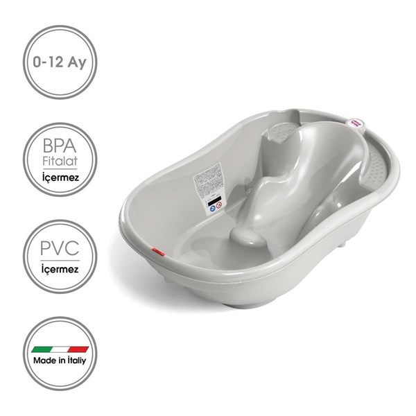 OKBaby Bebek Banyo Seti Onda Dijital Termometreli Çift Yönlü Küvet + Hippo Duş Şapkası A.Gri