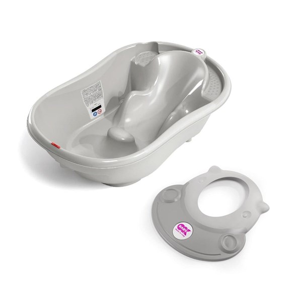 OKBaby Bebek Banyo Seti Onda Dijital Termometreli Çift Yönlü Küvet + Hippo Duş Şapkası A.Gri