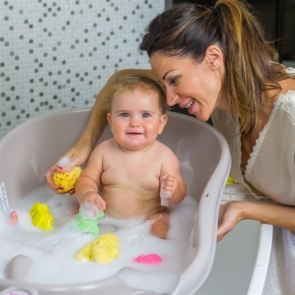 OKBaby Bebek Banyo Seti Onda Dijital Termometreli Çift Yönlü Küvet + Hippo Duş Şapkası A.Gri