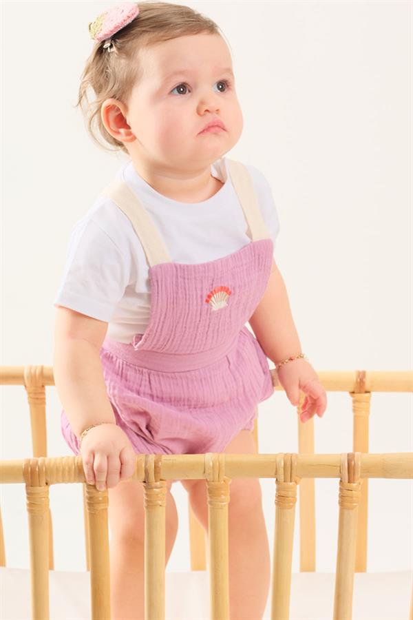 Deniz Kabuğu Nakışlı Müslin Bebek Salopet - Fuşya STD