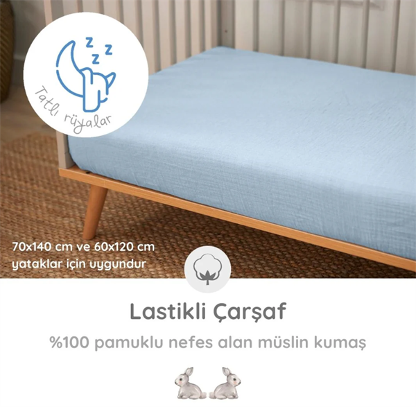 Deux Lapins Müslin Çarşaf Mavi