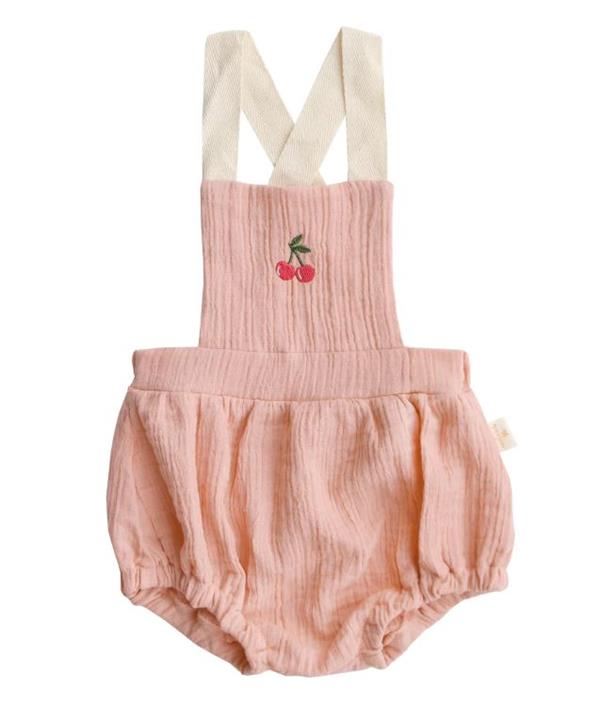 Kiraz Nakışlı Müslin Bebek Salopet - Salmon Pink STD