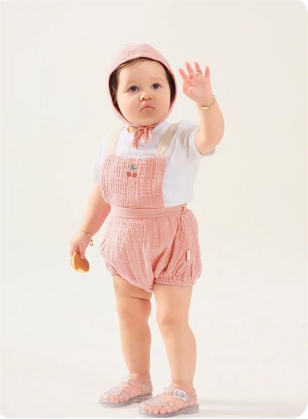Kiraz Nakışlı Müslin Bebek Salopet - Salmon Pink STD