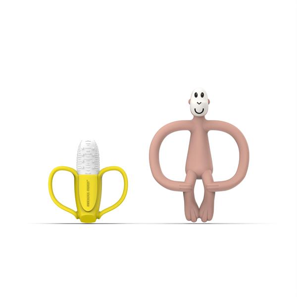 Matchstick Monkey Banana & Monkey Silikon Diş Kaşıyıc Hediye Seti- Pembe