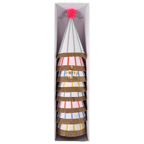 Meri Meri - Stripe & Pompom Party Hats - Çizgili & Ponponlu Parti Şapkaları - L