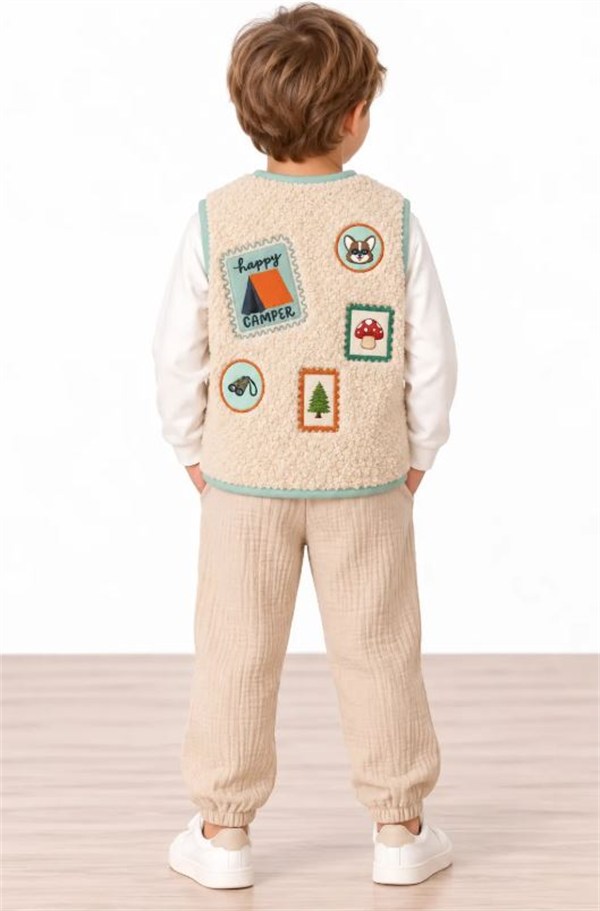 Miela Kids Camper Patchwork Peluş Yelek - Bej Bej