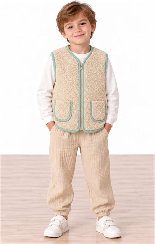 Miela Kids Camper Patchwork Peluş Yelek - Bej Bej