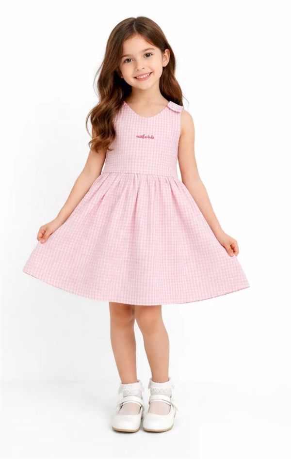Miela Kids Cherry Pink Plaid Elbise STD