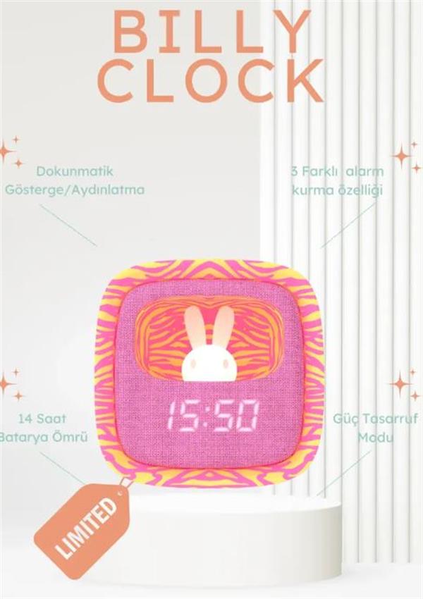 Mob Pembe Zebra Desenli Tavşan Çocuk Odası Saati ve Gece Lambası