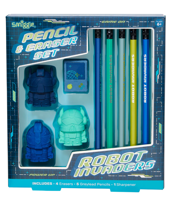 Smiggle - Vision Silgi ve Kalem Seti Robot Invaders
