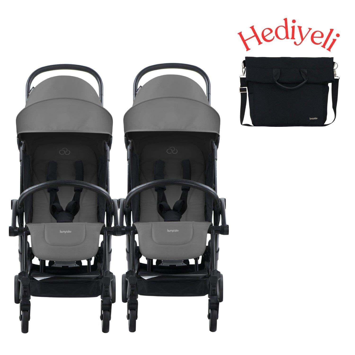Bumprider Connect³ İkiz Bebek Arabası Black - Grey Melange & Yan Bakım Çantası Hediyeli