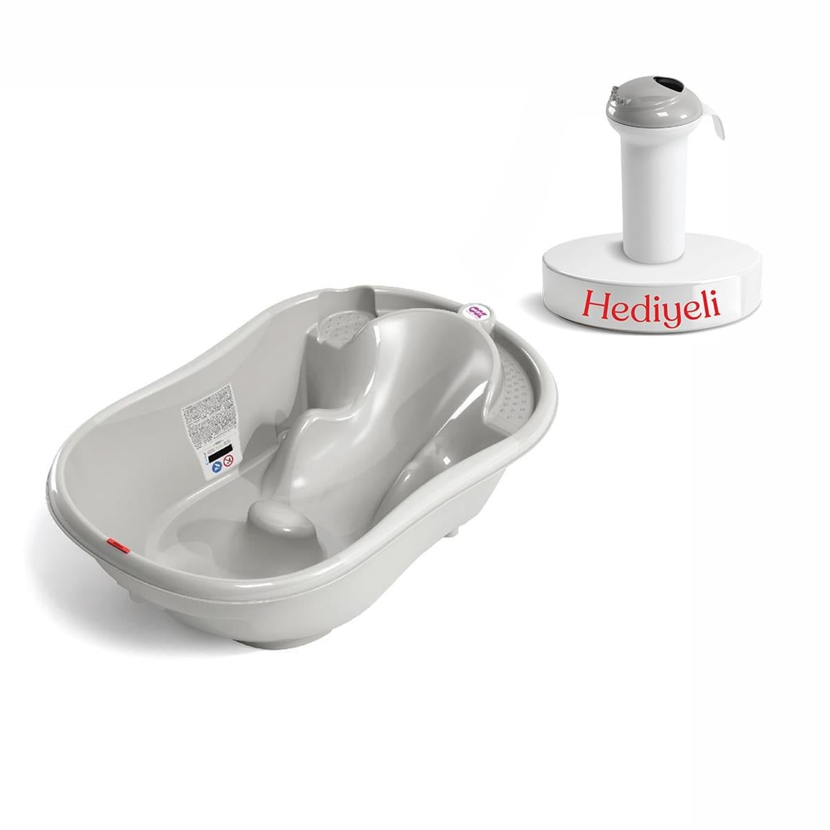OKBaby Onda Dijital Termometreli Çift Yönlü Bebek Küveti A. Gri & Splash Bebek Duşu Hediyeli