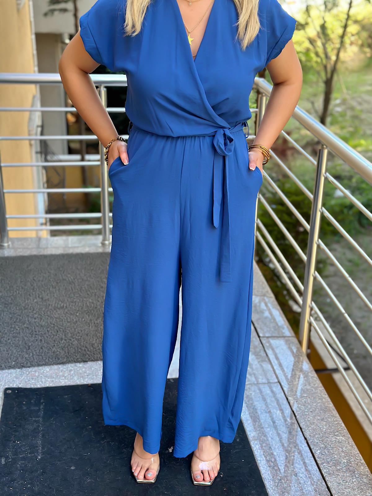 Aerobin Kumaş Kruvaze Yaka Kemerli Tulum İNDİGO