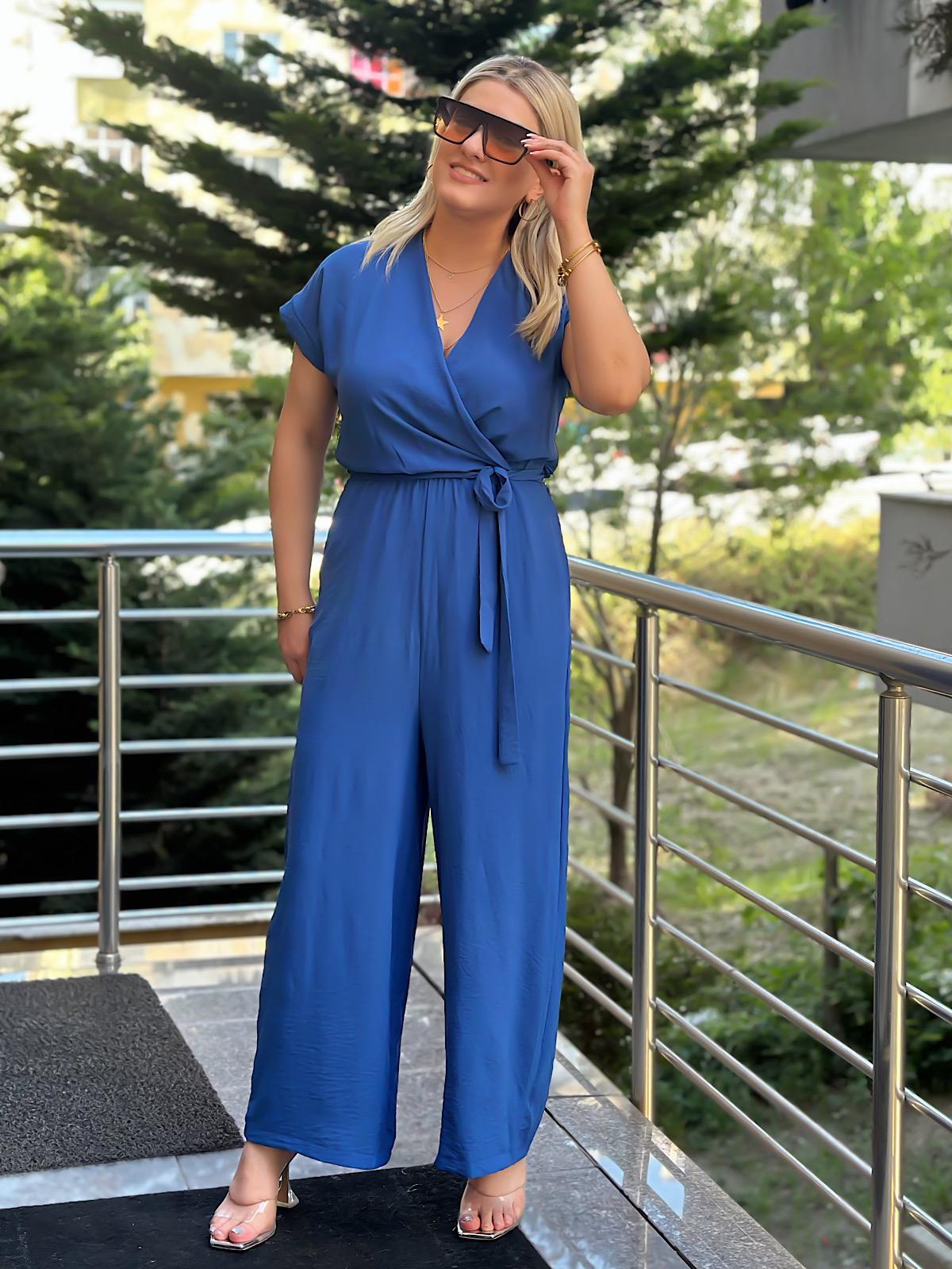 Aerobin Kumaş Kruvaze Yaka Kemerli Tulum İNDİGO