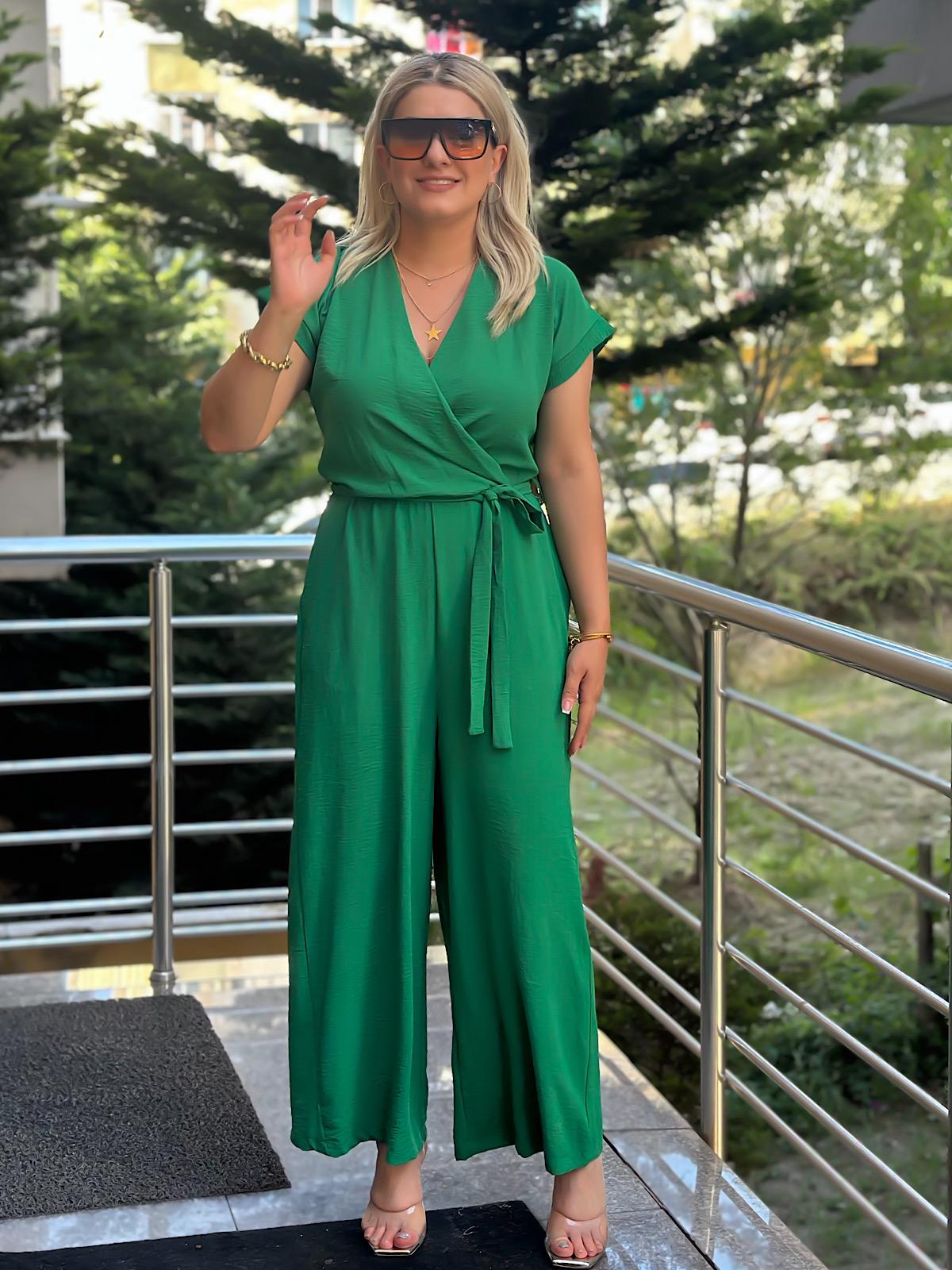 Aerobin Kumaş Kruvaze Yaka Kemerli Tulum YEŞİL