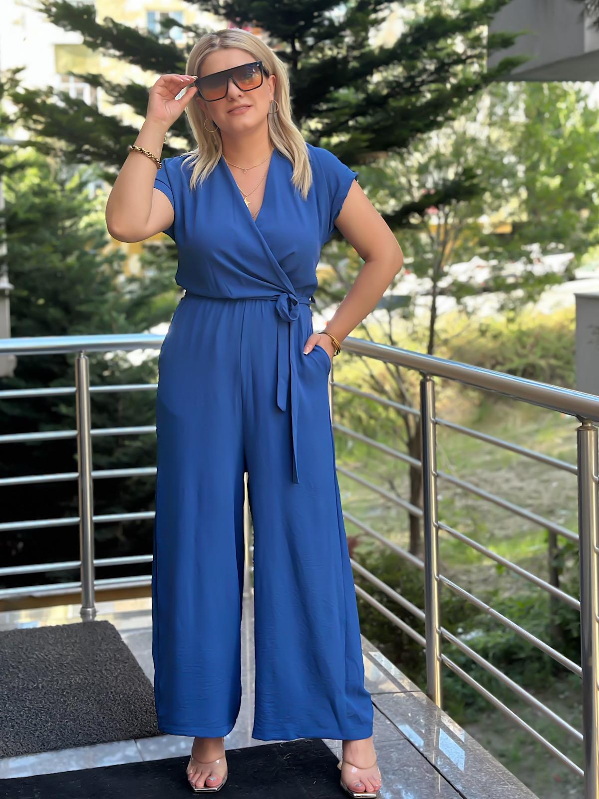 Aerobin Kumaş Kruvaze Yaka Kemerli Tulum İNDİGO