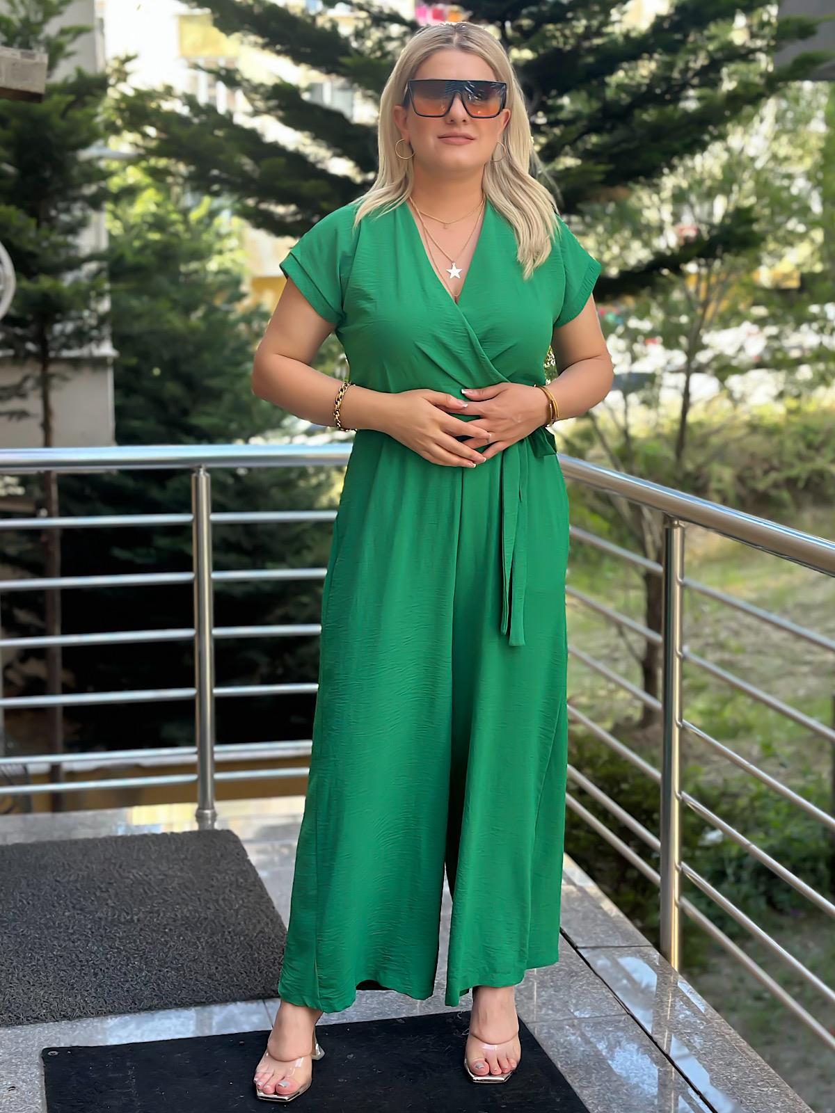 Aerobin Kumaş Kruvaze Yaka Kemerli Tulum YEŞİL