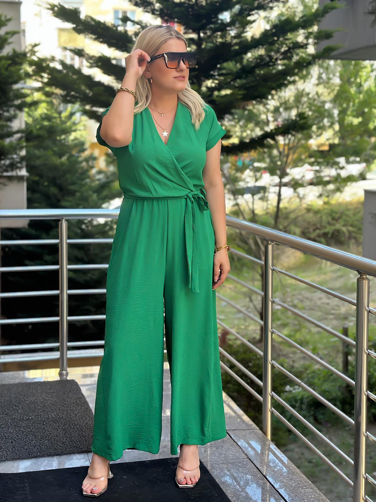 Aerobin Kumaş Kruvaze Yaka Kemerli Tulum YEŞİL