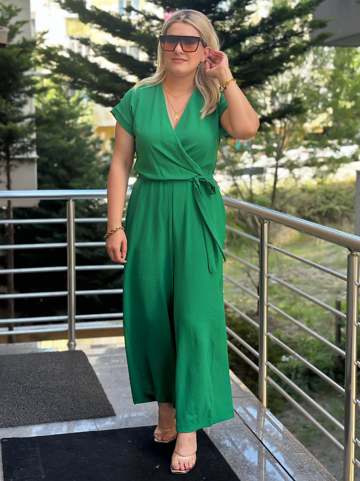 Aerobin Kumaş Kruvaze Yaka Kemerli Tulum YEŞİL