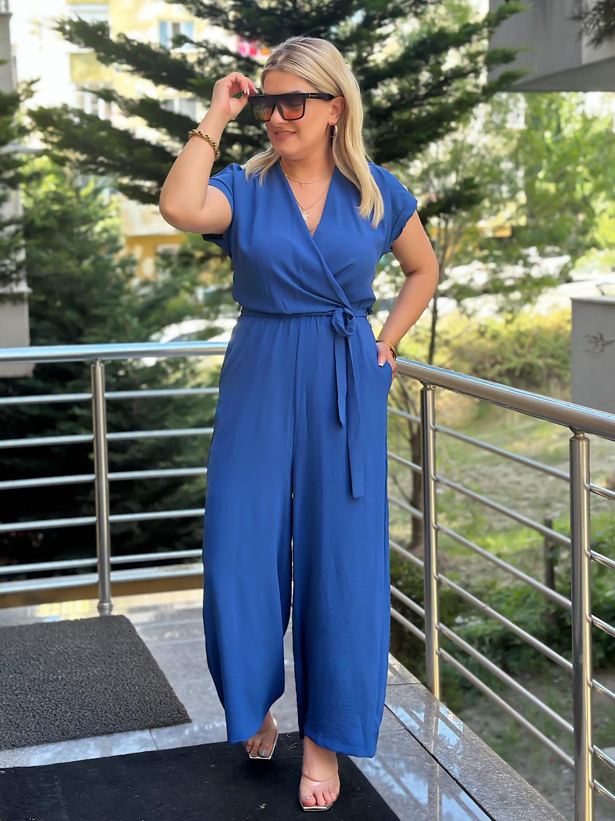 Aerobin Kumaş Kruvaze Yaka Kemerli Tulum İNDİGO