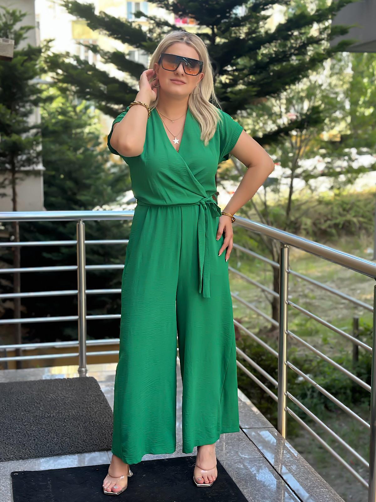 Aerobin Kumaş Kruvaze Yaka Kemerli Tulum YEŞİL