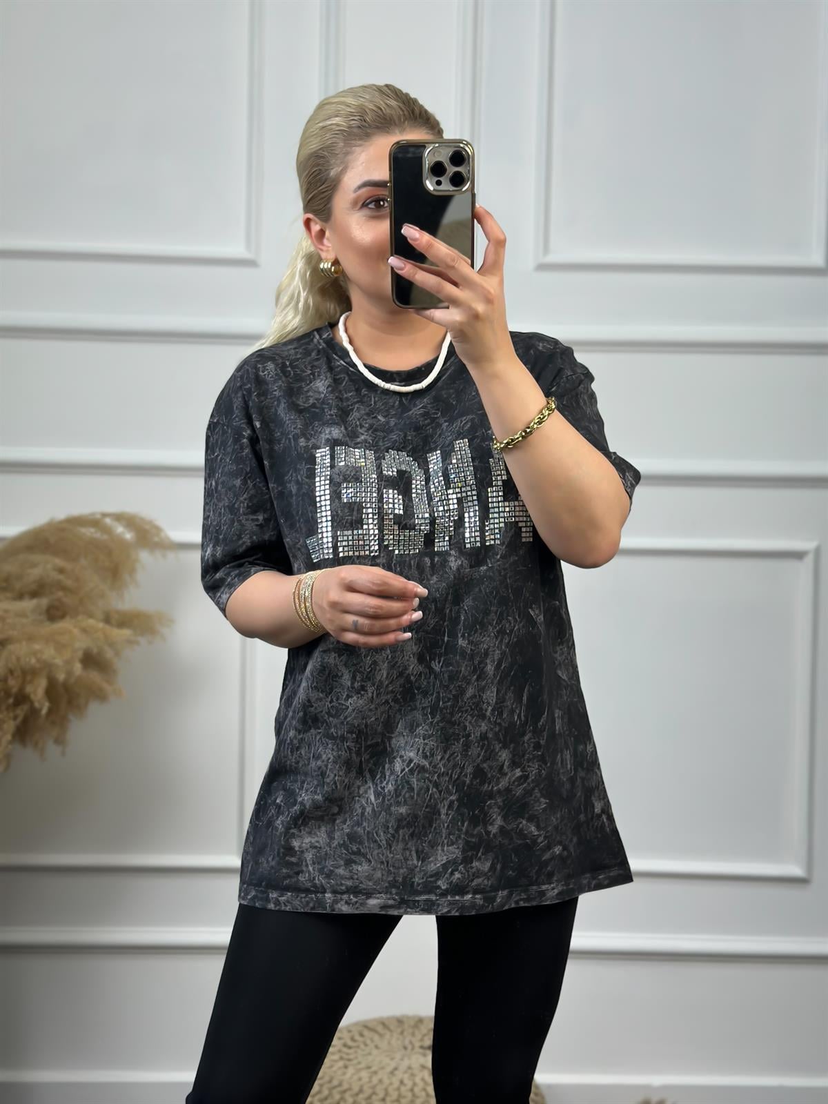 Angel Taşlı Yıkamalı Tshirt FÜME