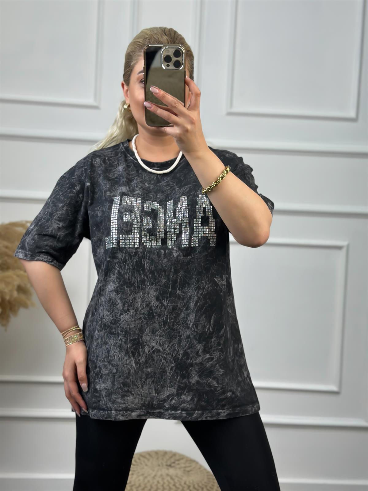 Angel Taşlı Yıkamalı Tshirt FÜME