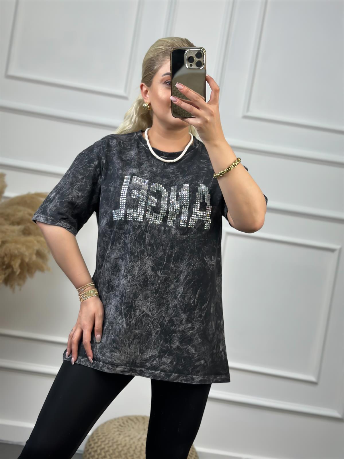 Angel Taşlı Yıkamalı Tshirt FÜME