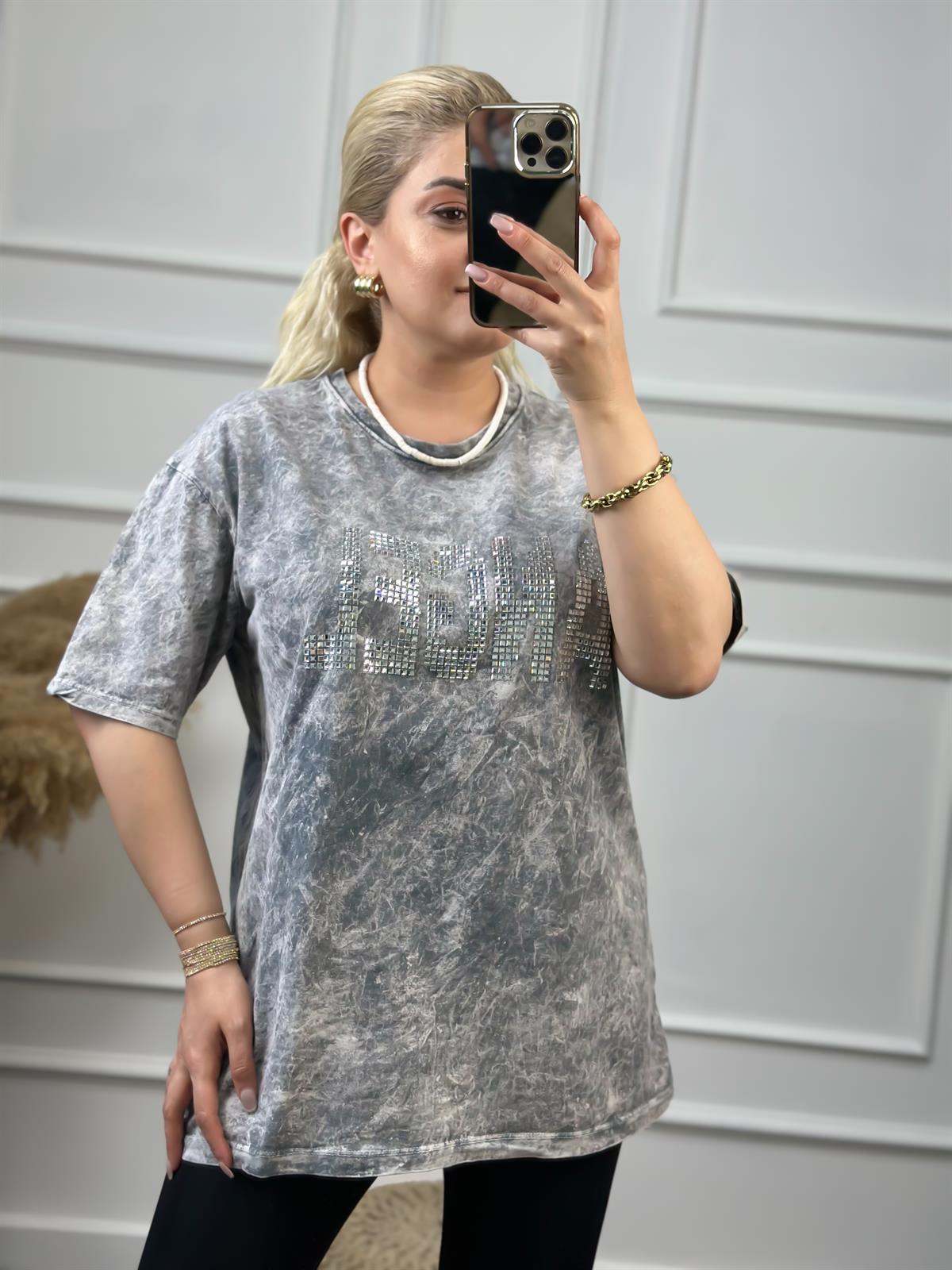 Angel Taşlı Yıkamalı Tshirt GRİ