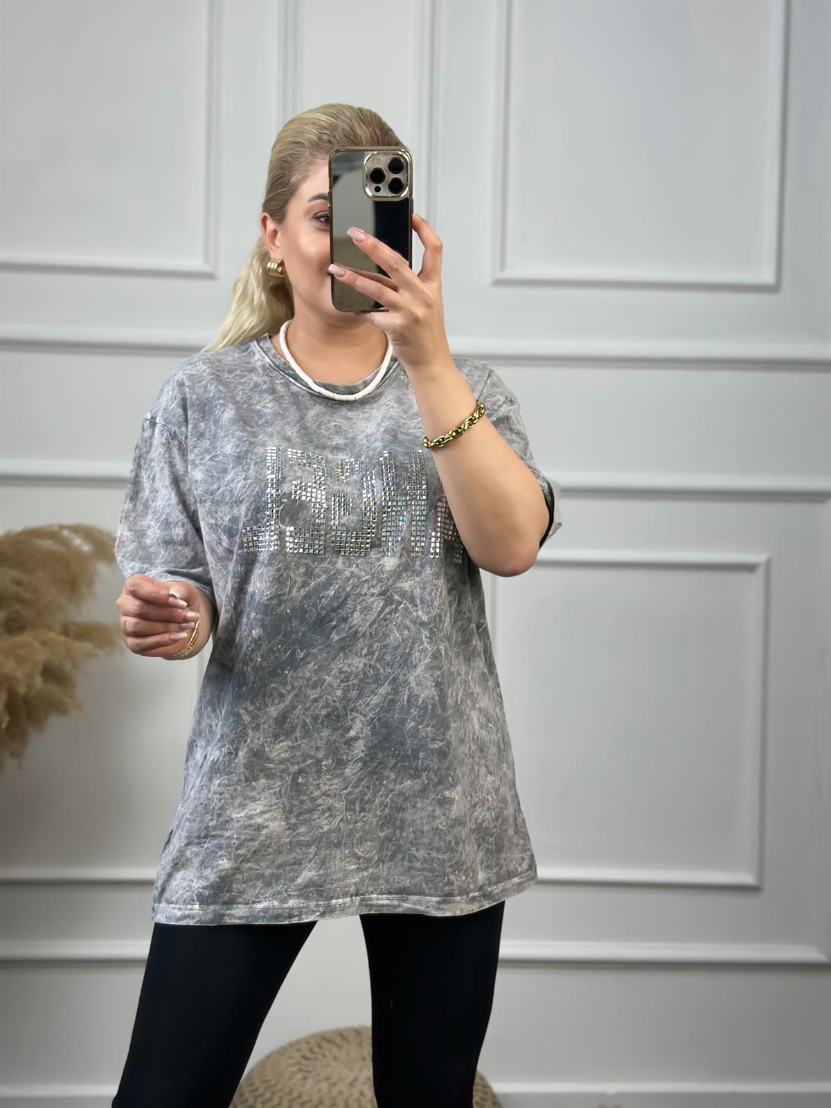Angel Taşlı Yıkamalı Tshirt GRİ