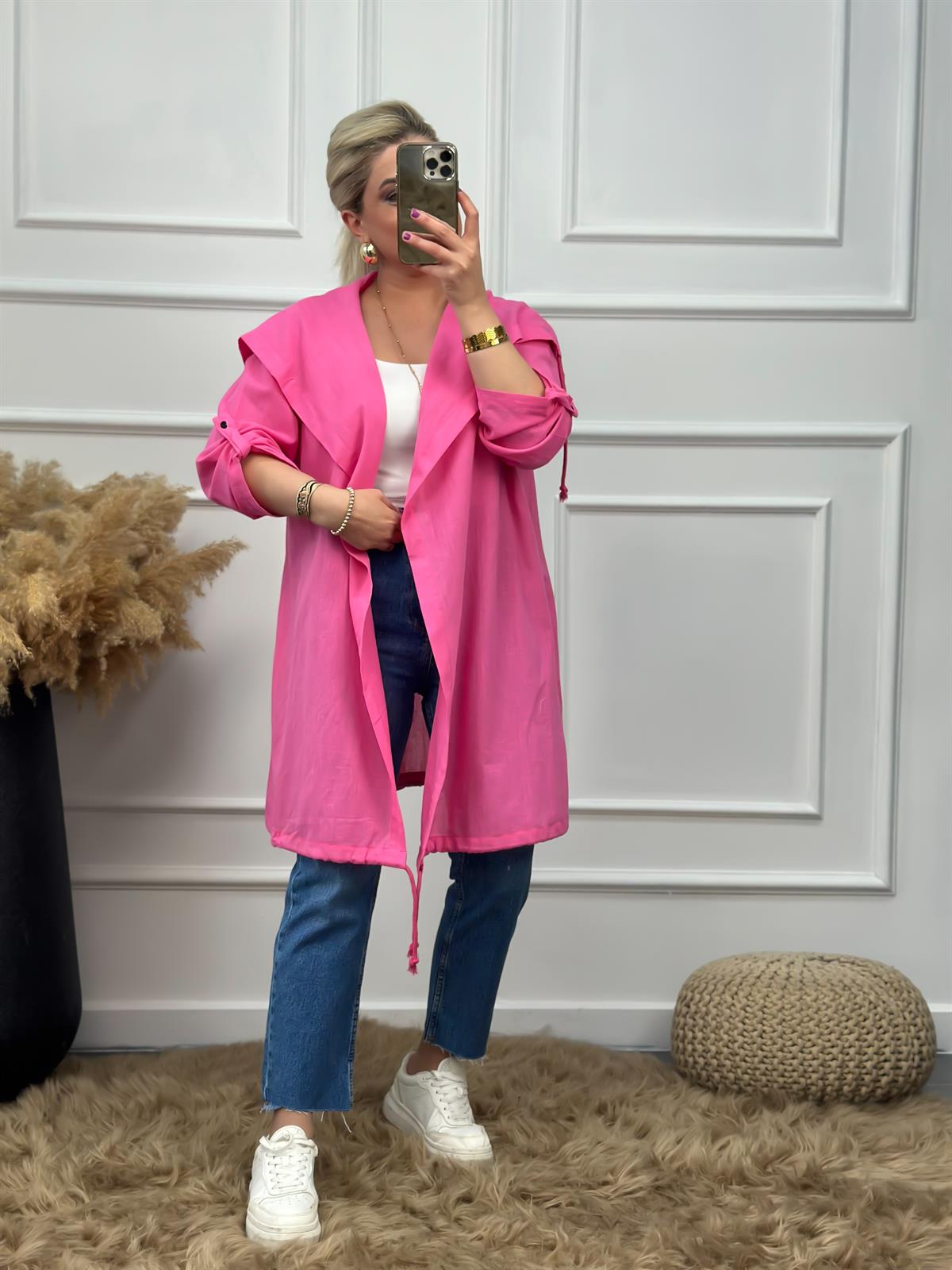 Arkası Kuş Baskılı Keten Uzun Kimono PEMBE