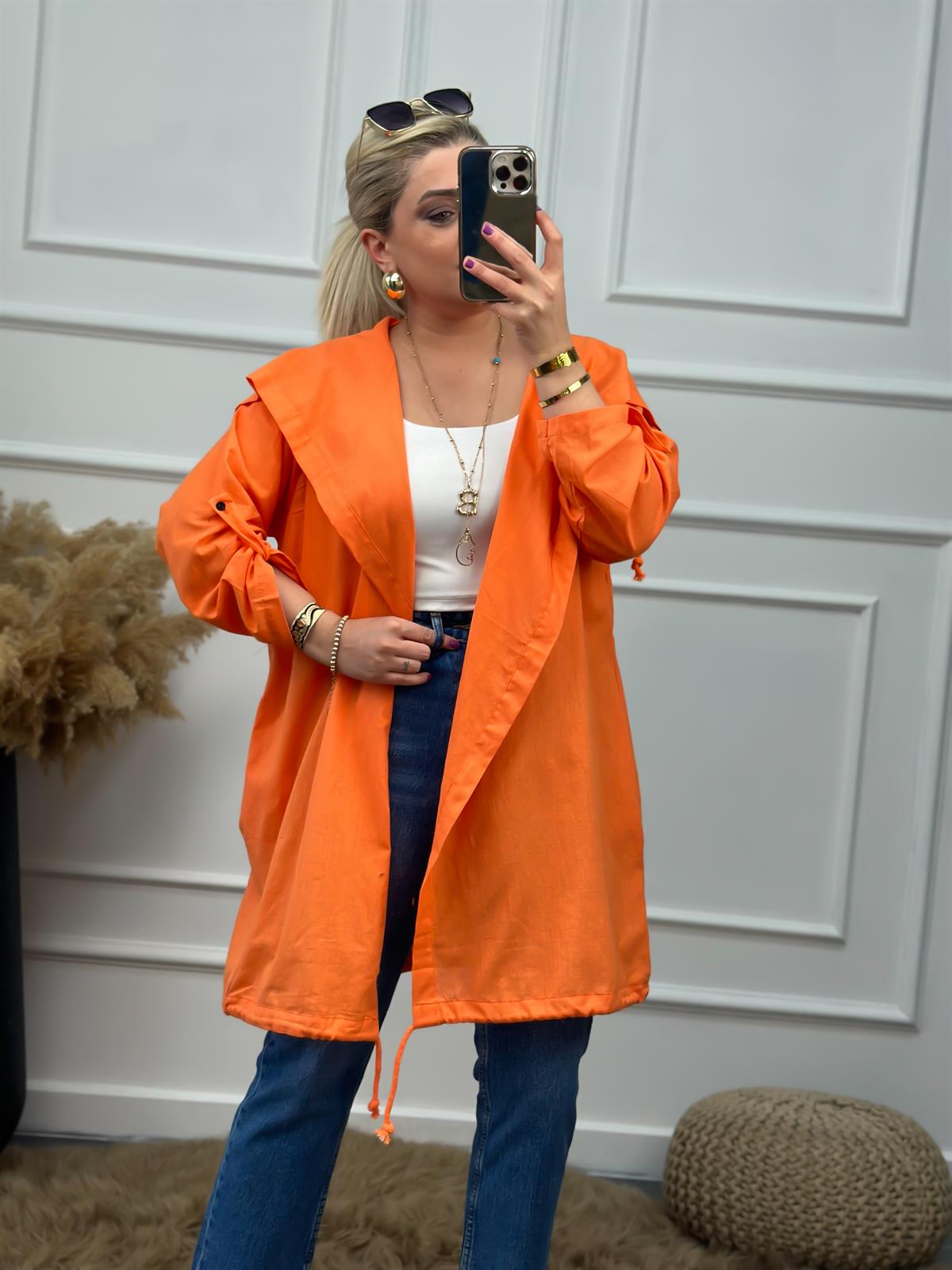 Arkası Kuş Baskılı Keten Uzun Kimono TURUNCU