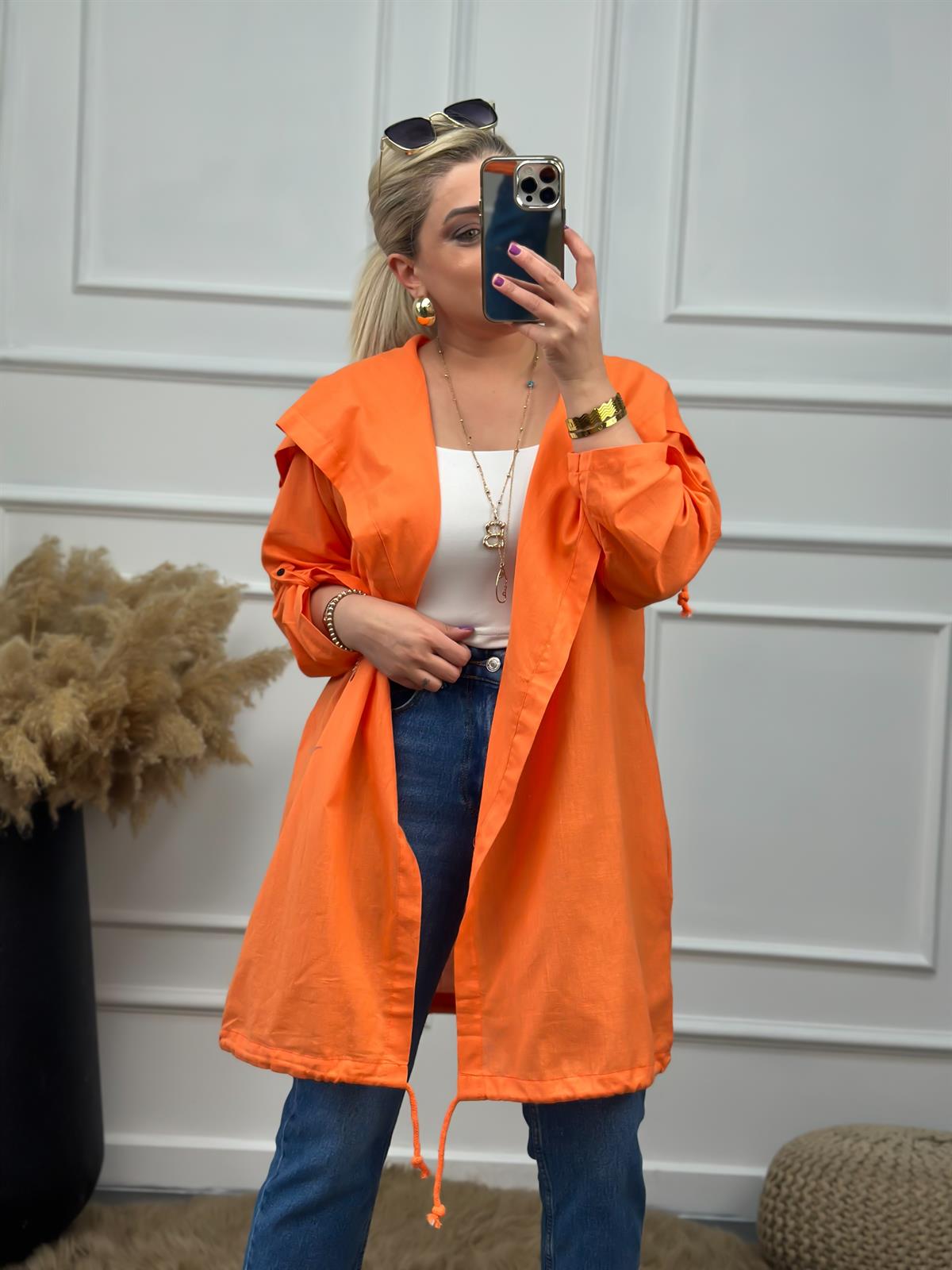 Arkası Kuş Baskılı Keten Uzun Kimono TURUNCU