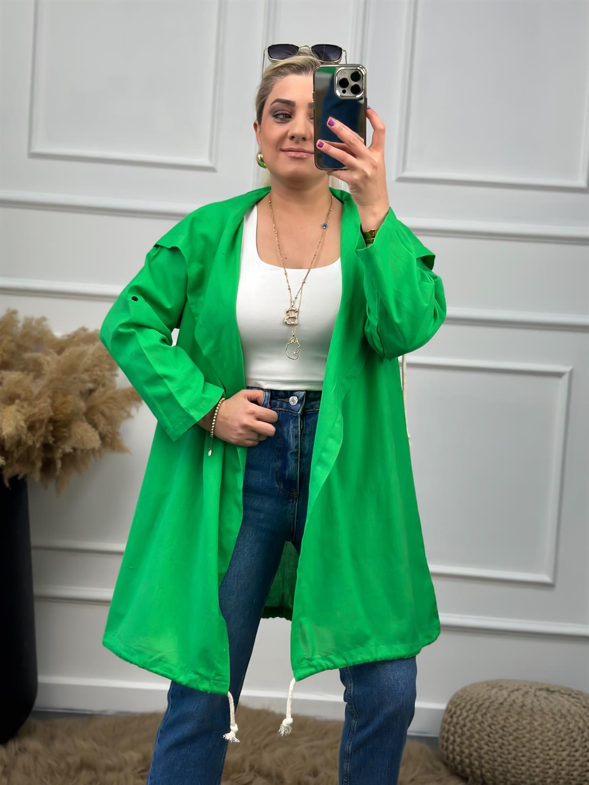 Arkası Kuş Baskılı Keten Uzun Kimono YEŞİL