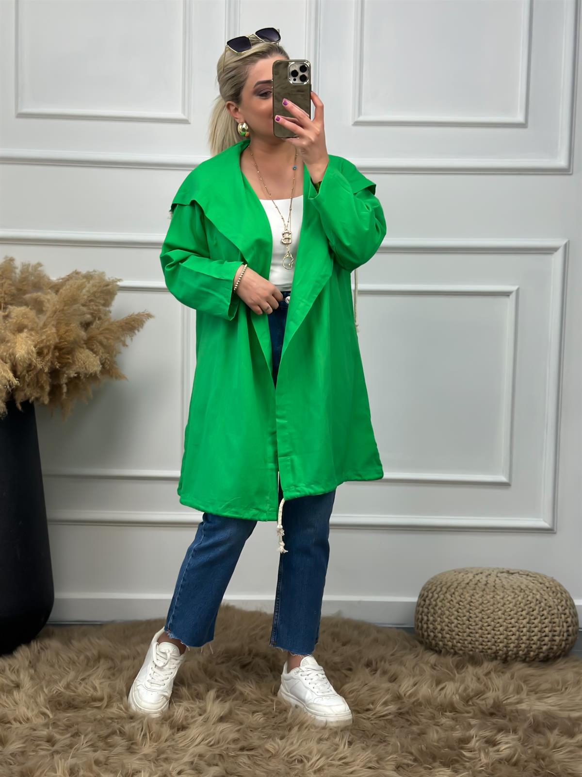 Arkası Kuş Baskılı Keten Uzun Kimono YEŞİL