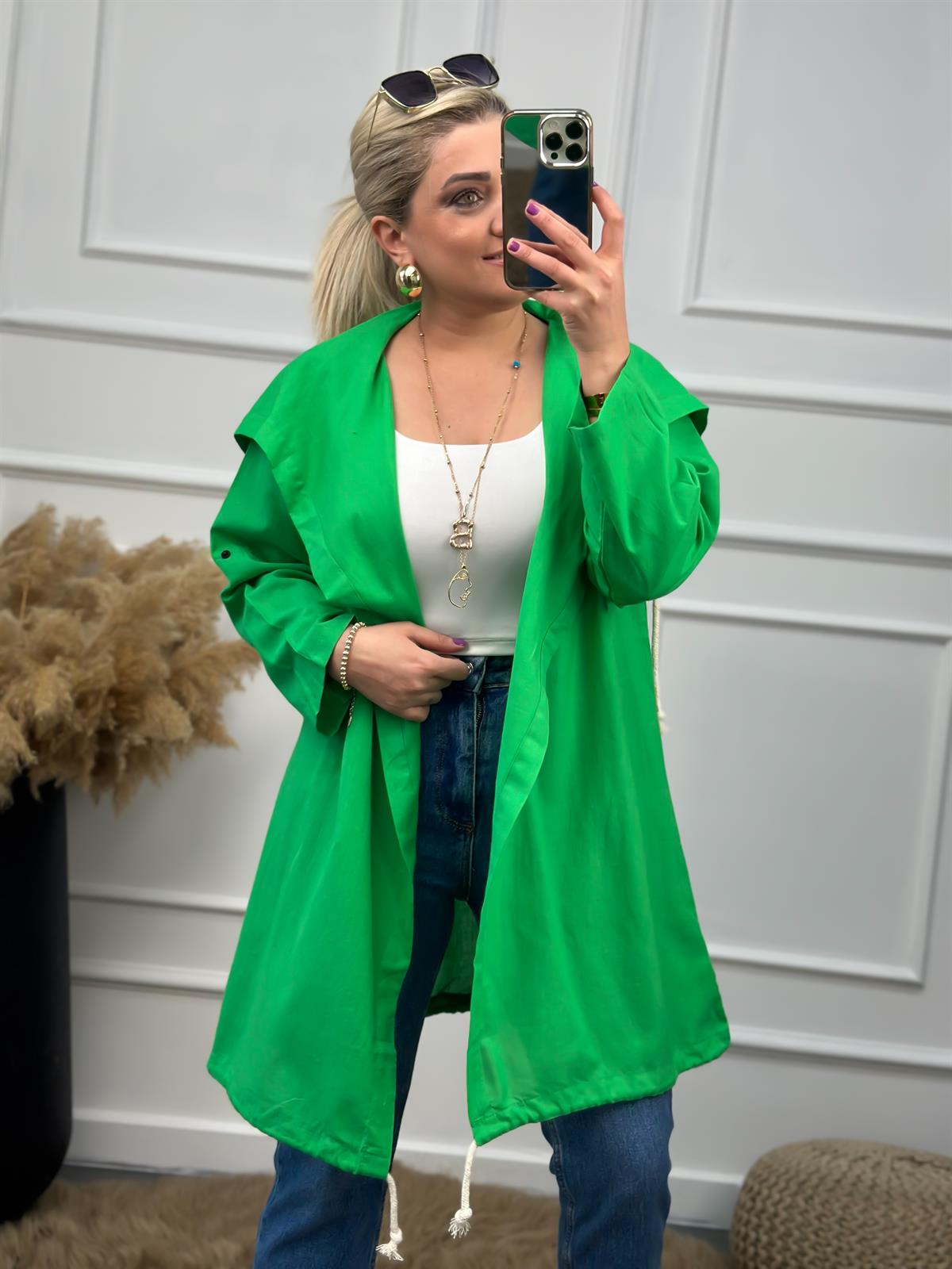 Arkası Kuş Baskılı Keten Uzun Kimono YEŞİL