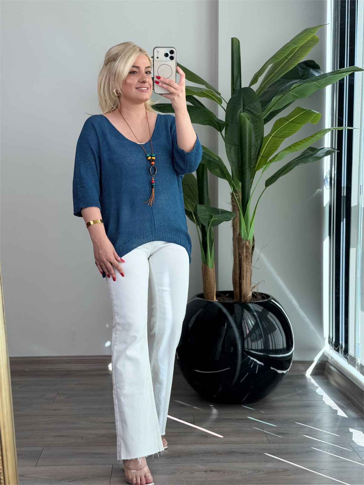 Asimetrik Kesim Triko Bluz İNDİGO